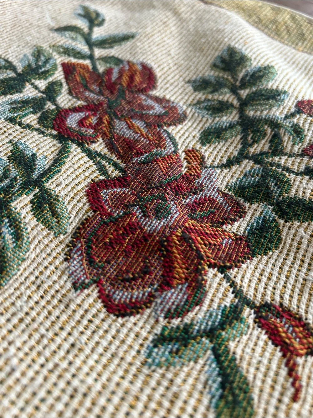 Vintage Floral Tapestry Pillow Cases - Red & Green Flowers on Cream